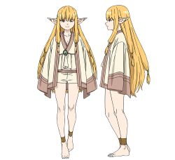 Rule 34 | 1girl, ankle strap, barefoot, blonde hair, brooch, character sheet, elf, feet, from side, full body, gem, green gemstone, hair tubes, jewelry, long hair, low-tied sidelocks, official art, orange eyes, pointy ears, profile, robe, serie (sousou no frieren), shorts, sidelocks, smile, sousou no frieren, straight-on, toes, transparent background, white robe, white shorts