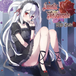 Rule 34 | 1girl, album cover, blush, cover, dress, long hair, looking at viewer, official art, open mouth, original, red eyes, silver hair, sitting, solo, two side up, yuuzuki (re&#039;ef)