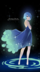 Rule 34 | 1girl, backless dress, backless outfit, bad id, bad pixiv id, bare arms, bare shoulders, barefoot, blue dress, blue hair, closed mouth, commentary request, copyright request, dress, english text, green eyes, hair between eyes, highres, looking at viewer, looking back, meng ge 3 (565571710), smile, solo, standing, strapless, strapless dress, tears