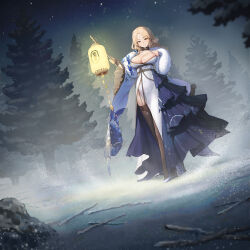 Rule 34 | 1girl, blonde hair, breasts, brown eyes, brown thighhighs, cho gum, cleavage, closed mouth, dress, forehead, goddess of victory: nikke, highres, holding, holding lantern, lantern, large breasts, long sleeves, ludmilla (winter owner) (nikke), night, official art, outdoors, smile, snow, solo, standing, thighhighs, tree, white dress, wide sleeves