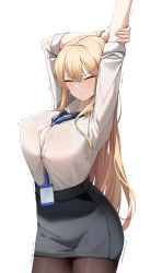 Rule 34 | 1girl, arms up, between breasts, black skirt, blonde hair, breasts, button gap, cleavage, closed mouth, collared shirt, cowboy shot, ddangbi, closed eyes, highres, holding own arm, id card, lanyard, large breasts, long hair, long sleeves, office lady, original, pantyhose, pencil skirt, shirt, shirt tucked in, simple background, skirt, solo, straight hair, stretching, trembling, v-shaped eyebrows, watch, wavy mouth, white background, white shirt, wristwatch