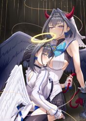 Rule 34 | 2girls, absurdres, angel and devil, angel wings, blue eyes, blue hair, blush, bow, bow earrings, breasts, demon horns, demon tail, demon wings, earrings, gloves, grabbing another&#039;s tail, hair intakes, halo, head chain, highres, hololive, hololive english, horns, jewelry, large breasts, multiple girls, open mouth, ouro kronii, tail, tongue, tongue out, virtual youtuber, wings, yuri, zenya