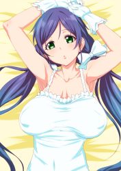 Rule 34 | 10s, 1girl, armpits, arms up, blush, bow, breasts, breasts apart, camisole, clearite, covered erect nipples, frills, gloves, green eyes, hair bow, highres, large breasts, long hair, love live!, love live! school idol project, lying, no bra, on back, purple hair, sagging breasts, smile, solo, tojo nozomi, twintails