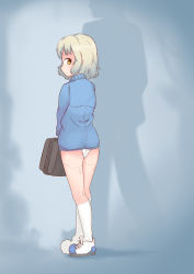 Rule 34 | 1girl, android, ass, bag, borisx, brown hair, cardigan, expressionless, eyebrows, from behind, highres, joints, kneehighs, looking back, no pants, original, panties, robot joints, shoes, short hair, socks, solo, solo focus, underwear, white hair, white panties