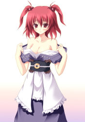 Rule 34 | 1girl, bare shoulders, breasts, cleavage, coin, collarbone, dress, female focus, hair bobbles, hair ornament, medium breasts, obi, off shoulder, onozuka komachi, red eyes, red hair, ruru (artist), ruru (heat haze), sash, short twintails, solo, touhou, twintails, two side up, undressing