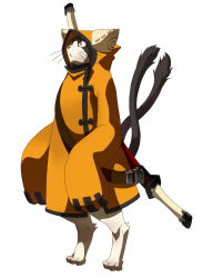 Rule 34 | 1boy, :&lt;, animal ears, animal hands, animal hood, arc system works, belt, blazblue, cat, cat hood, coat, eyepatch, highres, hood, hoodie, huge weapon, jubei (blazblue), long sleeves, male focus, mori toshimichi, multiple tails, official art, sheath, sheathed, simple background, solo, standing, sword, tail, tiptoes, weapon, whiskers, white background