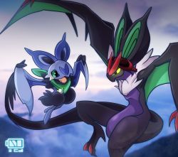 Rule 34 | bat (animal), battery indicator, closed mouth, commentary request, creatures (company), day, evolutionary line, eyelashes, fang, flying, game freak, gen 6 pokemon, green eyes, highres, nikkado, nintendo, no humans, noibat, noivern, open mouth, outdoors, pokemon, pokemon (creature), tongue