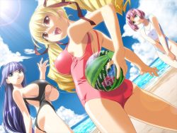 Rule 34 | 3girls, armpits, ass, back, ball, beach, beachball, bikini, blonde hair, blue eyes, blue hair, blunt bangs, breasts, breasts squeezed together, casual one-piece swimsuit, cloud, covering privates, covering crotch, drill hair, flat chest, from behind, fuutou shizune, game cg, glasses, green eyes, hair ribbon, head tilt, holding, huge breasts, ino (magloid), large breasts, lens flare, light rays, long hair, looking at viewer, looking back, multiple girls, one-piece swimsuit, open mouth, oshioki sweetie, outdoors, parted bangs, pink eyes, pink hair, profile, ribbon, see-through, shinmeiji rinn, short hair, shuu mariko, sideboob, sky, smile, sports bikini, standing, sun, sunbeam, sunlight, swimsuit, tankini, thighs, twin drills, underboob, very long hair, water