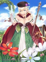 Rule 34 | 1girl, blonde hair, blue eyes, breasts, cait aron, cape, cleavage, cloud, company name, curly hair, day, flower, garden, gloves, grass, gyakushuu no fantasica, hair flower, hair ornament, hat, large breasts, leaf, long hair, looking at viewer, official art, open mouth, sky, smile, solo, watering can