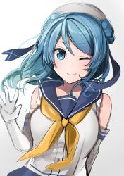 Rule 34 | 1girl, blue eyes, blue hair, blush, closed mouth, elbow gloves, gloves, kantai collection, long hair, looking at viewer, neckerchief, one eye closed, sketch, smile, solo, upper body, urakaze (kancolle), white gloves, yellow neckerchief, yunamaro