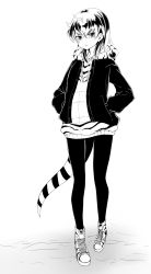 Rule 34 | 10s, 1girl, adapted costume, amai nekuta, black pantyhose, boots, full body, greyscale, hair between eyes, hands in pockets, highres, hood, hood down, hoodie, kemono friends, looking at viewer, monochrome, open mouth, pantyhose, short hair, solo, striped tail, tail, tsuchinoko (kemono friends)