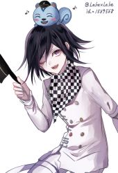 1boy ;d animal animal_on_head black_hair black_hat checkered_clothes checkered_neckwear danganronpa_(series) danganronpa_v3:_killing_harmony filbert_(animal_crossing) floating_hair hair_between_eyes hat holding holding_unworn_clothes holding_hat holding_unworn_clothes jacket looking_at_viewer male_focus musical_note oma_kokichi on_head one_eye_closed open_mouth pants purple_eyes simple_background smile solo unworn_hat unworn_headwear white_background white_jacket white_pants z-epto_(chat-noir86)