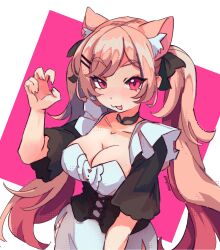 Rule 34 | 1girl, :3, animal ear fluff, animal ears, black bow, black corset, black sleeves, bow, breasts, cat ears, character request, cleavage, collarbone, corset, cowboy shot, dress, hair bow, hand up, highres, indie virtual youtuber, large breasts, long hair, open mouth, pasharuu, pink hair, short sleeves, simple background, smile, solo, twintails, very long hair, virtual youtuber, white background, white dress