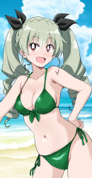 Rule 34 | 1girl, anchovy (girls und panzer), beach, bikini, black ribbon, blue sky, breasts, bright pupils, cloud, cloudy sky, cowboy shot, day, drill hair, front-tie bikini top, front-tie top, girls und panzer, green bikini, green hair, hair ribbon, halterneck, hand on own hip, highres, horizon, long hair, looking at viewer, medium breasts, navel, ocean, open mouth, outdoors, ponzu rui, red eyes, ribbon, side-tie bikini bottom, sky, smile, solo, standing, swimsuit, twin drills, twintails, white pupils