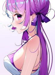 Rule 34 | 1girl, ahoge, bare arms, bare shoulders, bikini, bikini under clothes, blue hair, braid, breasts, cqingwei, from side, gradient background, hair ribbon, highres, hololive, looking at viewer, looking to the side, medium breasts, minato aqua, multicolored hair, open mouth, profile, purple bikini, purple eyes, purple hair, purple ribbon, ribbon, sideboob, sideways glance, solo, strap gap, streaked hair, swimsuit, twintails, two-tone hair, upper body, virtual youtuber, white background