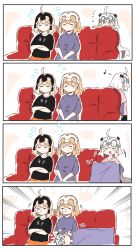 Rule 34 | 4koma, ^^^, ahoge, ahoge wag, black shirt, blanket, blouse, blue shirt, blush, clothes writing, comic, commentary request, couch, crossed arms, eighth note, emphasis lines, expressive hair, fate/grand order, fate (series), hair between eyes, headpiece, highres, holding, holding blanket, jeanne d&#039;arc (fate), jeanne d&#039;arc (ruler) (fate), jeanne d&#039;arc alter (avenger) (fate), jeanne d&#039;arc alter (fate), jeanne d&#039;arc alter santa lily (fate), lap pillow, layered sleeves, long hair, long sleeves, multiple persona, musical note, nose bubble, open mouth, pink shirt, purple shirt, ranf, shirt, short over long sleeves, short sleeves, silent comic, silver hair, sitting, sleeping, sleeping on person, sleeping upright, very long hair, yellow eyes