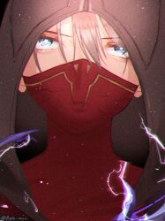Rule 34 | 1girl, animification, apex legends, black jacket, blue eyes, electricity, grey hair, hair between eyes, head tilt, highres, hood, hood up, hooded jacket, jacket, looking at viewer, mask, miruku-rate, mouth mask, official alternate costume, portrait, red mask, red shirt, rift stalker wraith, shirt, solo, wraith (apex legends)