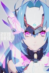 Rule 34 | 1girl, android, bare shoulders, blue hair, breasts, expressionless, forehead protector, gloves, kos-mos, kos-mos re:, long hair, looking at viewer, nintendo, red eyes, sasaki tomomi, simple background, solo, very long hair, xenoblade chronicles (series), xenoblade chronicles 2, xenosaga