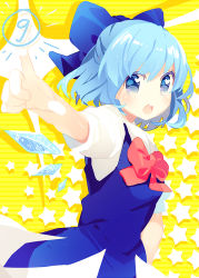 Rule 34 | circled 9, 1girl, bad id, bad pixiv id, blue eyes, blue hair, blush, bow, cirno, dress, hair bow, ice, ice wings, looking at viewer, matching hair/eyes, namie-kun, open mouth, pointing, puffy sleeves, short hair, short sleeves, solo, touhou, wings