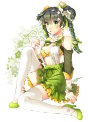 Rule 34 | 1girl, bare shoulders, blue nails, braid, breasts, cleavage, clenched hand, dated, earrings, flower, green eyes, green footwear, green hair, green nails, green ribbon, green skirt, hair flower, hair ornament, hair ribbon, high heels, highres, iso1206, jewelry, layered skirt, looking at viewer, matching hair/eyes, midriff, nail polish, neck ribbon, open mouth, original, ribbon, ring, shoes, signature, sitting, skirt, solo, striped ribbon, thighhighs, twin braids, white thighhighs