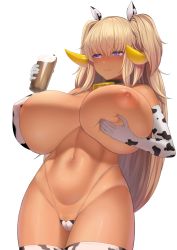Rule 34 | 1girl, animal ears, animal print, areola slip, bell, blonde hair, blonde pubic hair, blush, breast hold, breast lift, breasts, chocolate milk, cleft of venus, closed mouth, colored pubic hair, commentary request, cow ears, cow girl, cow horns, cow print, cowbell, cowboy shot, dark-skinned female, dark elf, dark elven forest ranger, dark skin, deep skin, elf, embarrassed, female pubic hair, from below, grabbing own breast, highres, horns, huge breasts, last origin, long hair, looking to the side, navel, neck bell, nipples, one breast out, pointy ears, pubic hair, purple eyes, revealing clothes, solo, stomach, taji (crowview), thighhighs, thighs