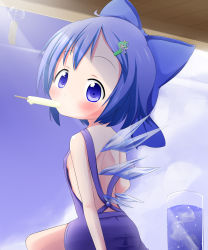 Rule 34 | 1girl, adapted costume, backless outfit, blue dress, blue eyes, blue hair, blue sky, blush, bow, breasts, cirno, cup, daiyousei, day, dress, drink, drinking glass, food, green hair, hair bow, hair ornament, hairclip, highres, ice, ice cube, ice wings, looking at viewer, looking back, makuran, matching hair/eyes, mouth hold, popsicle, short hair, side ponytail, sideboob, sky, small breasts, solo, touhou, wind chime, wings