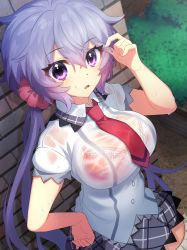 Rule 34 | 1girl, blush, bra, breasts, from above, hair ornament, hair scrunchie, hand on own hip, highres, large breasts, long hair, looking at viewer, open mouth, outdoors, purple eyes, red bra, school uniform, scrunchie, see-through, senki zesshou symphogear, silver hair, solo, standing, twintails, underwear, wada chiyon, wet, wet clothes, yukine chris