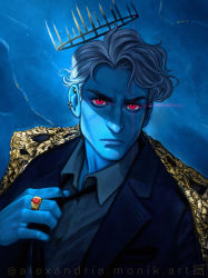 Rule 34 | 1boy, absurdres, alexandria monik, artist name, blue background, blue skin, colored skin, commentary, ear piercing, english commentary, formal, hades (lore olympus), halo, highres, jewelry, looking at viewer, lore olympus, male focus, piercing, portrait, red eyes, ring, solo, suit, watermark, white hair