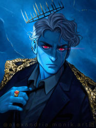 1boy absurdres alexandria_monik artist_name blue_background blue_skin colored_skin commentary ear_piercing english_commentary formal_clothes hades_(lore_olympus) halo highres jewelry looking_at_viewer lore_olympus male_focus piercing portrait red_eyes ring solo suit watermark white_hair