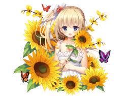 Rule 34 | 1girl, :d, animal, bare arms, bare shoulders, blue eyes, blush, breasts, bug, butterfly, cariboy, character request, cleavage, collarbone, commentary request, cropped torso, dress, flower, hair between eyes, hair ribbon, highres, insect, light brown hair, long hair, looking at viewer, medium breasts, one side up, open mouth, ribbon, sanse hui lian, simple background, sleeveless, sleeveless dress, smile, solo, striped ribbon, sunflower, upper body, white background, white dress, white ribbon, yellow flower