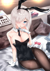 Rule 34 | 1girl, animal ears, arm support, bare shoulders, between breasts, black leotard, blue eyes, blush, book, breasts, rabbit ears, cleavage, collarbone, condom wrapper, covered navel, detached collar, artistic error, fake animal ears, gloves, hair ornament, hair over one eye, hairclip, hamakaze (kancolle), hand on own chest, highres, indoors, kanju, kantai collection, large breasts, leotard, looking at viewer, necktie, necktie between breasts, on bed, open mouth, pantyhose, pillow, playboy bunny, playboy bunny, short hair, silver hair, solo, thighband pantyhose, white gloves, wrist cuffs