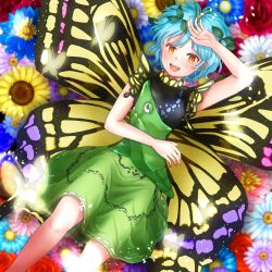Rule 34 | 1girl, antennae, aqua hair, blue flower, blush, butterfly wings, creatures (company), crossover, dress, eternity larva, fairy, flower, game freak, gen 1 pokemon, green dress, highres, insect wings, kyabekko, leaf, leaf on head, metapod, multicolored clothes, multicolored dress, nintendo, open mouth, pink flower, pokemon, pokemon (creature), purple flower, short hair, short sleeves, smile, solo, sunflower, touhou, wings, yellow eyes, yellow flower