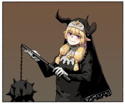 Rule 34 | + +, 1girl, black dress, blonde hair, blush, border, borrowed character, brown background, dress, earrings, flail, gloves, gogalking, habit, hair tubes, head tilt, highres, holding, holding weapon, horns, jewelry, long hair, long sleeves, looking at viewer, morning star, nun, original, pointy ears, purple eyes, simple background, smile, solo, spiked ball, urushia (okame nin), veil, weapon, white border, white gloves