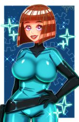 Rule 34 | 1girl, artist request, black gloves, bodysuit, breasts, brown hair, danny phantom, gloves, hand on own hip, highres, large breasts, lips, looking at viewer, maddie fenton, purple eyes, shiny clothes, short hair, smile, solo, standing, thighs