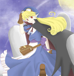 Rule 34 | 1girl, aimi (jb), bag, blonde hair, blue hat, cape, commentary request, dress, gloves, goggles, hat, long hair, marivel armitage, pointy ears, red eyes, smile, solo, vampire, wild arms, wild arms 2
