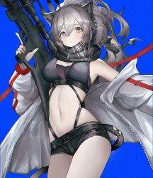 Rule 34 | 1girl, absurdres, animal ears, arknights, bare shoulders, black scarf, black shorts, blue background, bow (weapon), breasts, cat ears, cat tail, cleavage, commentary request, cowboy shot, crop top, crossbow, grey eyes, grey hair, hair between eyes, highres, holding, holding weapon, jacket, long hair, long sleeves, looking at viewer, medium breasts, micro shorts, midriff, navel, off shoulder, open clothes, open jacket, panther ears, panther girl, panther tail, parted lips, roupo99, scarf, schwarz (arknights), shorts, simple background, solo, standing, stomach, tail, thighs, weapon, white jacket
