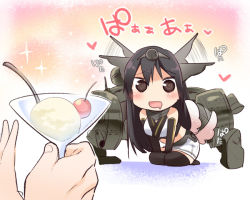 Rule 34 | 10s, 1girl, animal ears, black thighhighs, blush, brown eyes, brown hair, cherry, chibi, dog ears, dog tail, drooling, ear wiggle, elbow gloves, food, fruit, gloves, hairband, heart, heart-shaped pupils, ice cream, kantai collection, kemonomimi mode, kneeling, long hair, machinery, midriff, nagato (kancolle), open mouth, personification, seiza, sitting, suzune kotora, symbol-shaped pupils, tail, tail wagging, thighhighs