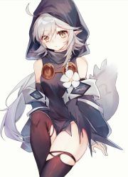 Rule 34 | 1girl, ahoge, arknights, bare shoulders, black thighhighs, cowboy shot, crocodilian tail, hair between eyes, highres, hood, long hair, looking at viewer, pointy ears, silver hair, simple background, skindentation, solo, tail, thighhighs, thighs, tomimi (arknights), white background, yellow eyes, yunweishukuang