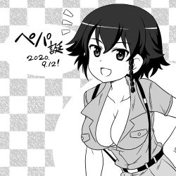 Rule 34 | 1girl, alternate costume, aoshidan school uniform, belt, birthday, braid, breasts, character name, checkered background, cleavage, commentary, dated, girls und panzer, greyscale, hair tie, hand on own hip, large breasts, leaning forward, looking at viewer, lowres, monochrome, nanashiro gorou, notice lines, open mouth, partially unbuttoned, pepperoni (girls und panzer), pleated skirt, school uniform, short hair, side braid, skirt, smile, solo, suspender skirt, suspenders, translated