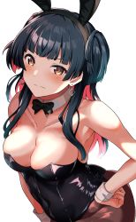 Rule 34 | 1girl, animal ears, bare shoulders, black hair, blunt bangs, blush, breasts, brown eyes, cleavage, closed mouth, collarbone, colored inner hair, covered navel, cowboy shot, detached collar, detached sleeves, earrings, fake animal ears, from above, fubuki (pekesan), highres, idolmaster, idolmaster shiny colors, jewelry, leotard, long hair, looking at viewer, mayuzumi fuyuko, medium breasts, multicolored hair, pantyhose, pink hair, playboy bunny, rabbit ears, rabbit girl, simple background, smile, solo, two-tone hair, two side up, white background