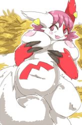 Rule 34 | 1girl, artist request, blush, breasts, creatures (company), female focus, furry, furry female, game freak, gen 3 pokemon, large breasts, matching hair/eyes, nintendo, nipples, no humans, pink eyes, pink hair, pokemon, pokemon (creature), pokemon rse, smile, solo, zangoose