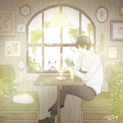 Rule 34 | 1boy, animal, artist name, berry, black hair, bloom, book, brown pants, cafe, cat, closed mouth, collared shirt, crossed legs, cup, drawing (object), dress shirt, drink, drinking glass, drinking straw, full body, grey cat, hand on own face, hanging light, head rest, highres, holding, holding book, indoors, light particles, long sleeves, looking at object, looking down, male focus, necono naco, open book, open collar, original, pants, picture frame, plant, plate, potted plant, profile, reading, scenery, shirt, short hair, signature, sitting, solo, spoon, table, white cat, white shirt, yellow cat