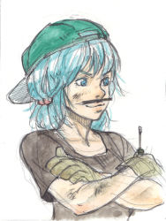 Rule 34 | 1girl, alternate costume, bad id, bad pixiv id, baseball cap, blue eyes, blue hair, crossed arms, female focus, gloves, hair bobbles, hair ornament, hat, holding, holding screwdriver, kawashiro nitori, kobushi, kobuushi, matching hair/eyes, pencil as mustache, screwdriver, sketch, solo, touhou, twintails, two side up