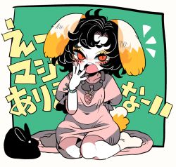 Rule 34 | 1girl, animal ears, black hair, bracelet, carrot necklace, dress, eyeshadow, floppy ears, inaba tewi, jewelry, makeup, nail polish, necklace, open mouth, pink dress, rabbit, rabbit ears, rabbit girl, rabbit tail, red eyes, short hair, sitting, solo, tail, touhou, translated, wariza, yt (wai-tei)