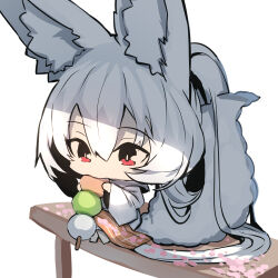 Rule 34 | 1girl, absurdly long hair, animal ear fluff, animal ears, barefoot, chibi, commentary request, dango, eating, food, fox ears, fox girl, fox tail, grey hair, hair between eyes, holding, holding food, japanese clothes, kimono, long hair, long sleeves, original, ponytail, red eyes, sanshoku dango, simple background, sitting, solo, tail, very long hair, wagashi, white background, white kimono, wide sleeves, yuuji (yukimimi)