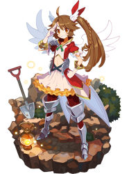Rule 34 | 1girl, ahoge, armor, armored dress, braid, brooch, brown eyes, brown hair, faux figurine, full body, gloves, greaves, grin, hand on own hip, harada takehito, head wings, hildr (yurudorashiru), jewelry, lantern, long hair, looking at viewer, makai wars, official art, pantyhose, red pantyhose, shovel, side ponytail, skirt, smile, solo, standing, white gloves, white skirt, white wings, wings, yurudorashiru