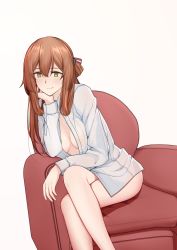 Rule 34 | 1girl, absurdres, bow, breasts, brown hair, cleavage, girls&#039; frontline, green eyes, hair bow, head rest, highres, legs, crossed legs, long hair, looking at viewer, springfield (girls&#039; frontline), macayase, medium breasts, open clothes, sitting, smile, solo, tight clothes, white background