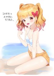 Rule 34 | 1girl, :d, aikatsu! (series), aikatsu stars!, bare arms, bare shoulders, bikini, blonde hair, blush, bow, breasts, brown eyes, brown shorts, cleavage, collarbone, frilled bikini, frills, hair bow, halterneck, highres, index finger raised, k mugura, long hair, nijino yume, open mouth, red bow, short shorts, shorts, sitting, small breasts, smile, solo, swimsuit, translation request, twintails, white background, white bikini