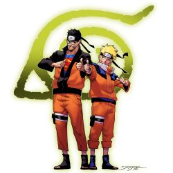 Rule 34 | 2boys, absurdres, blonde hair, blue eyes, child, commentary, cosplay, dc comics, english commentary, facial mark, forehead protector, highres, jorgejimenezart, jumpsuit, long sleeves, male focus, multiple boys, naruto, naruto (series), ninja, orange jumpsuit, pouch, short hair, simple background, smile, superman, superman (cosplay), superman (series), thigh pouch, thigh strap, thumbs up, uzumaki naruto, whisker markings, white background