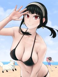 Rule 34 | 2girls, absurdres, anya (spy x family), ball, beach, bikini, black bikini, black hair, blue sky, blush, bond (spy x family), breasts, child, closed mouth, cloud, day, dismaiden, dog, great pyrenees, hairband, hand up, highres, large breasts, multiple girls, outdoors, pink hair, red eyes, sky, smile, spy x family, swimsuit, white hairband, yor briar